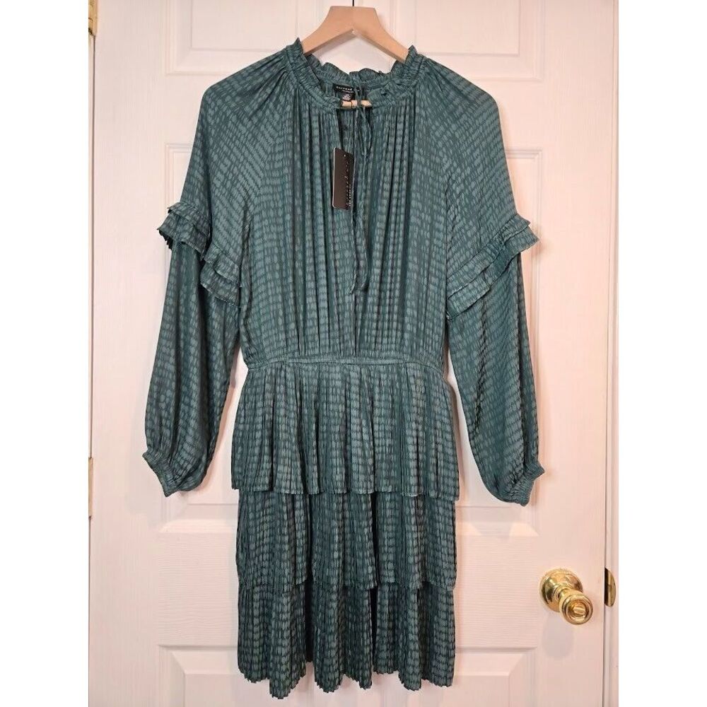 NEW Current Air Pleated Tiered Jacquard Mini Dress Jade Green‎ Sz XS Long Sleeve